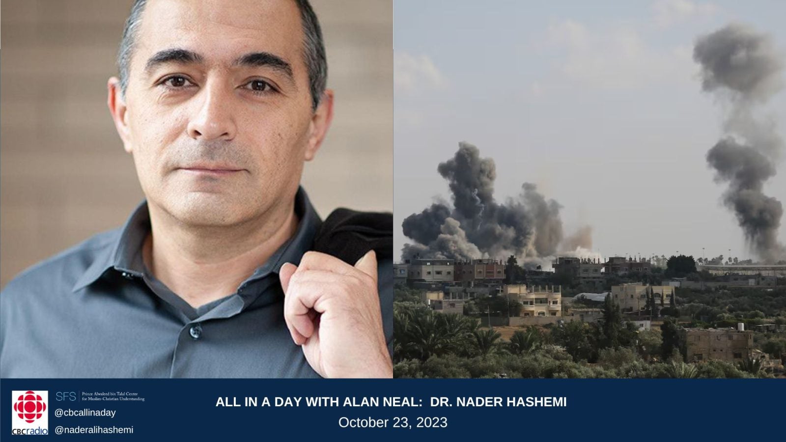 A photograph of Dr. Nader Hashemi alongside an image of a missile attack in Gaza