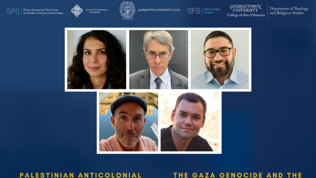 A Poster with Blue and Yellow accents of the Gaza Lecture series (Spring 2025)