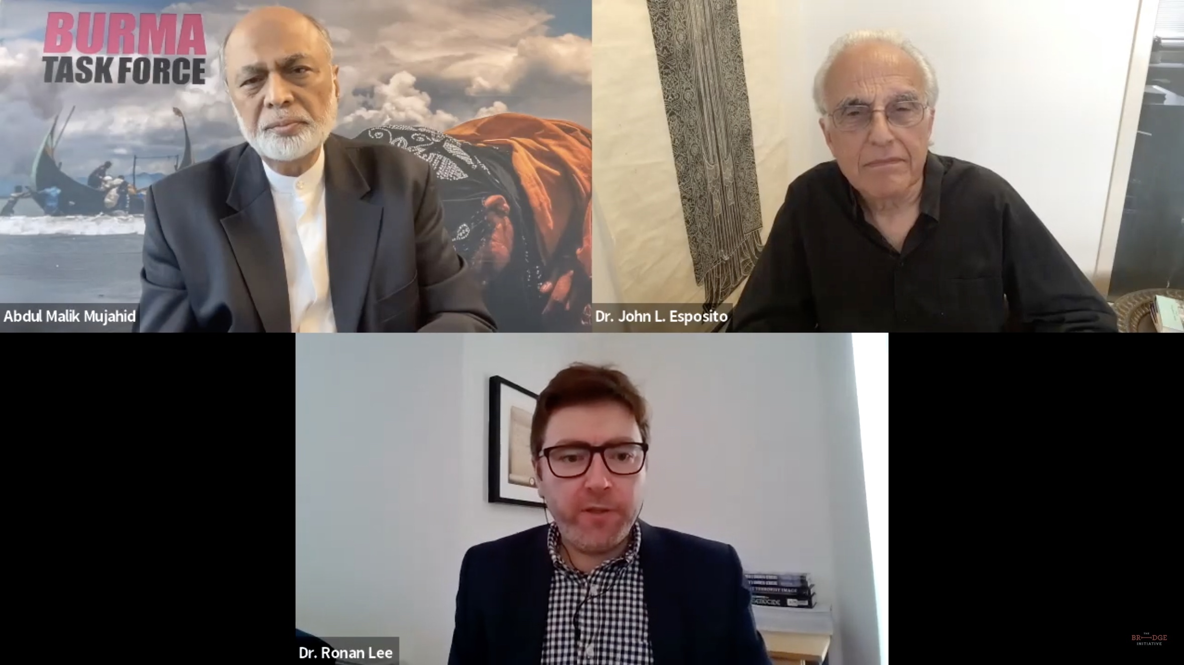 Three scholars on Zoom arranged in a triangular orientation on the screen